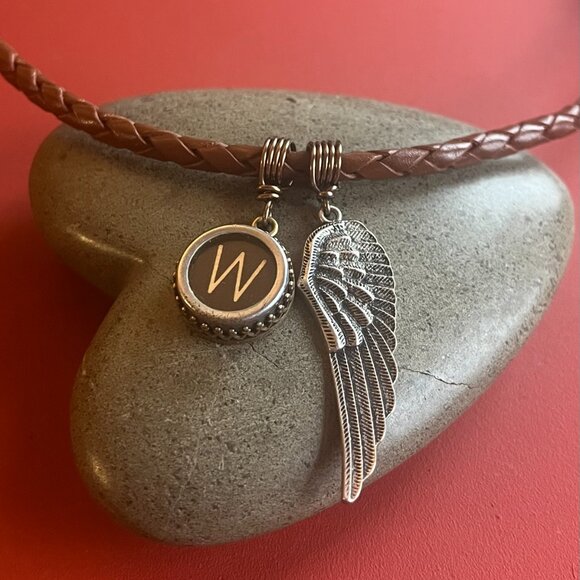 Braided Leather Necklace, Typewriter Key: Letter "W" and Angel Wing Pendants - Picture 1 of 7